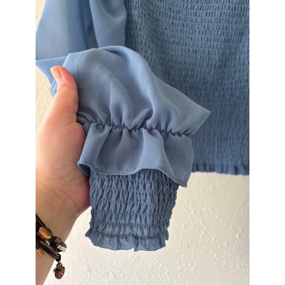 1.State Womens Blue Smocked Crop Top With Puff Sleeves - Small Lightweight - Picture 14 of 14